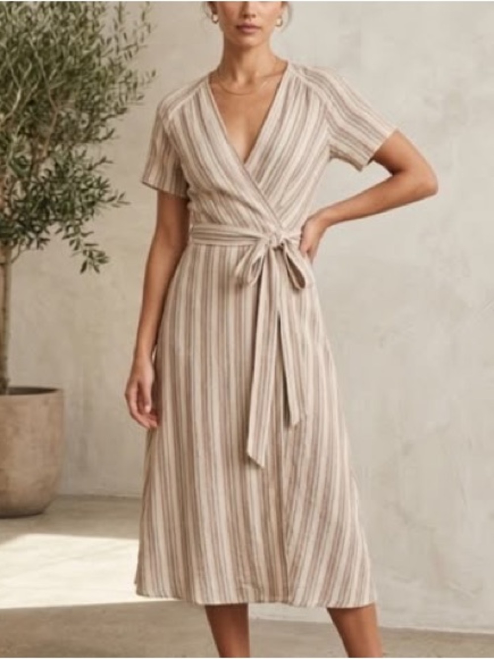 Reformation Carina wrap Dress in Coco Shell Stripe deep V-Neck sleeves tie belt